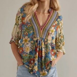 Bl^nk London x Anthropologie STEPHANIE Yellow Blue Floral V-Neck Top 1X
